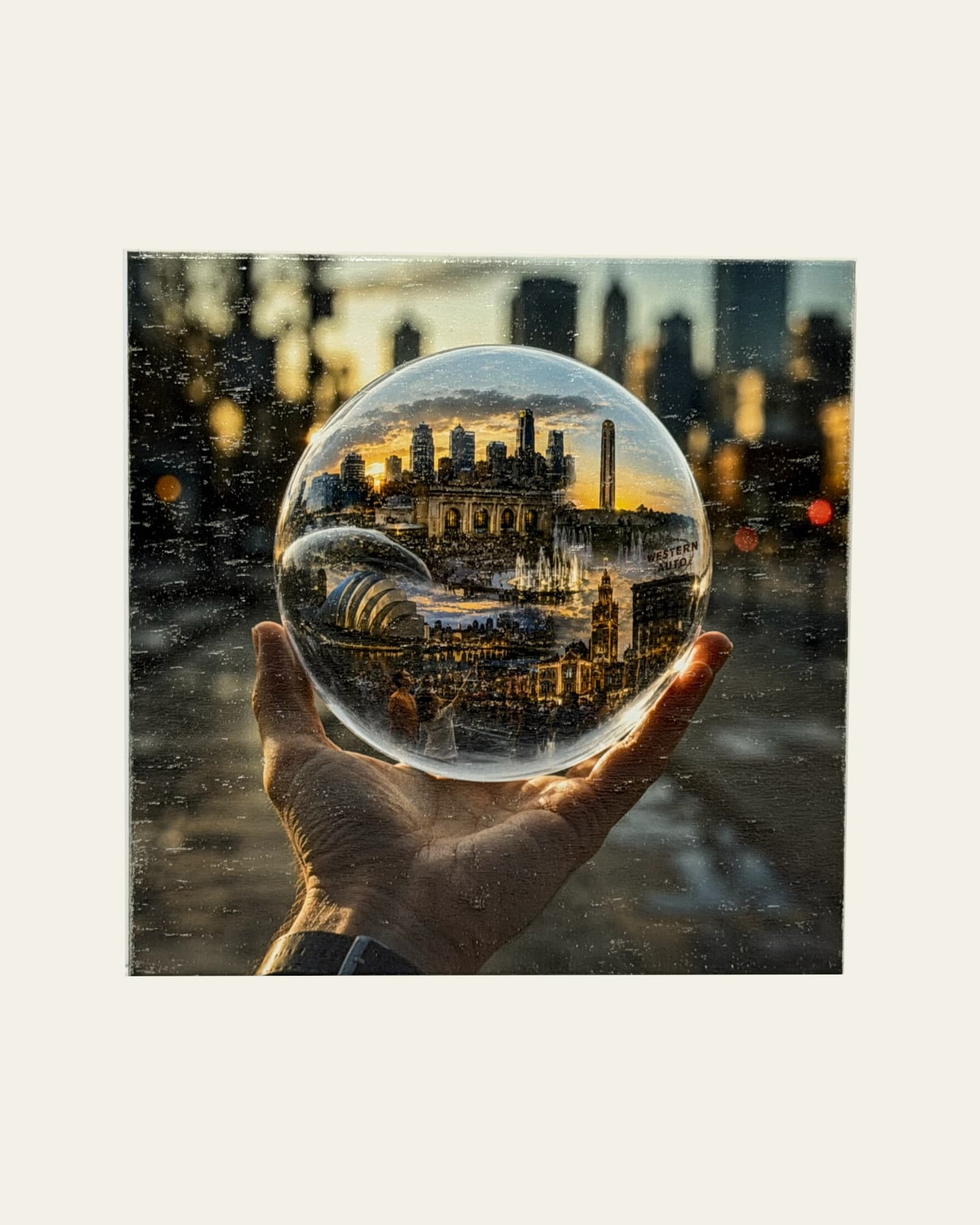 KC Skyline Bubble — In Hand, wood panel