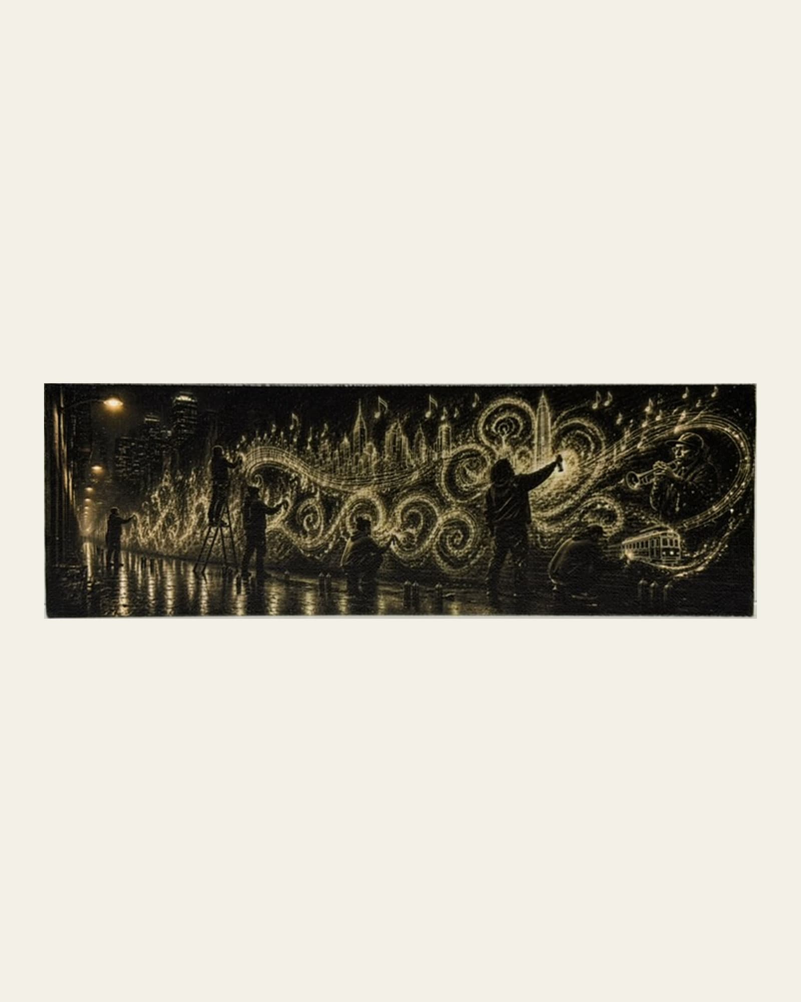Jazz Street Mural — Black & White canvas panel